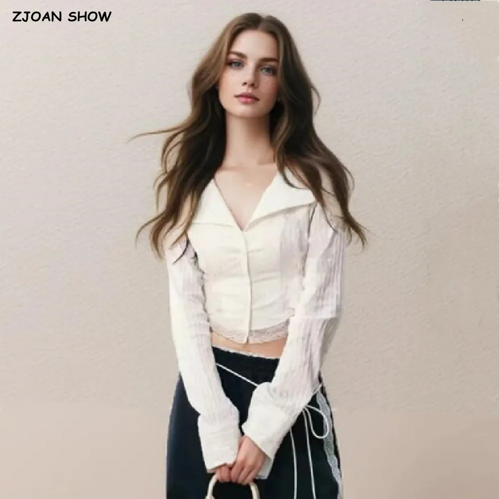 2024 Sexy White Notched Collar Press Pleated Stripes Shirt Women Lapel Front Open Buttons Spliced Lace Hem Crop Tops Blouses