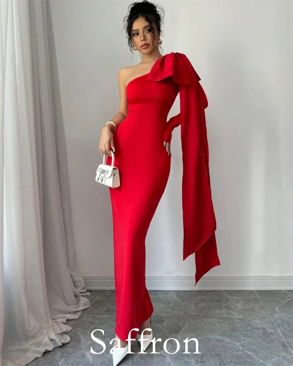 Customized Exquisite Big Bow Ribbons Evening Dress Graceful Sheath Party Dress Fashion One Shoulder Long Sleeves Celebrity Gowns