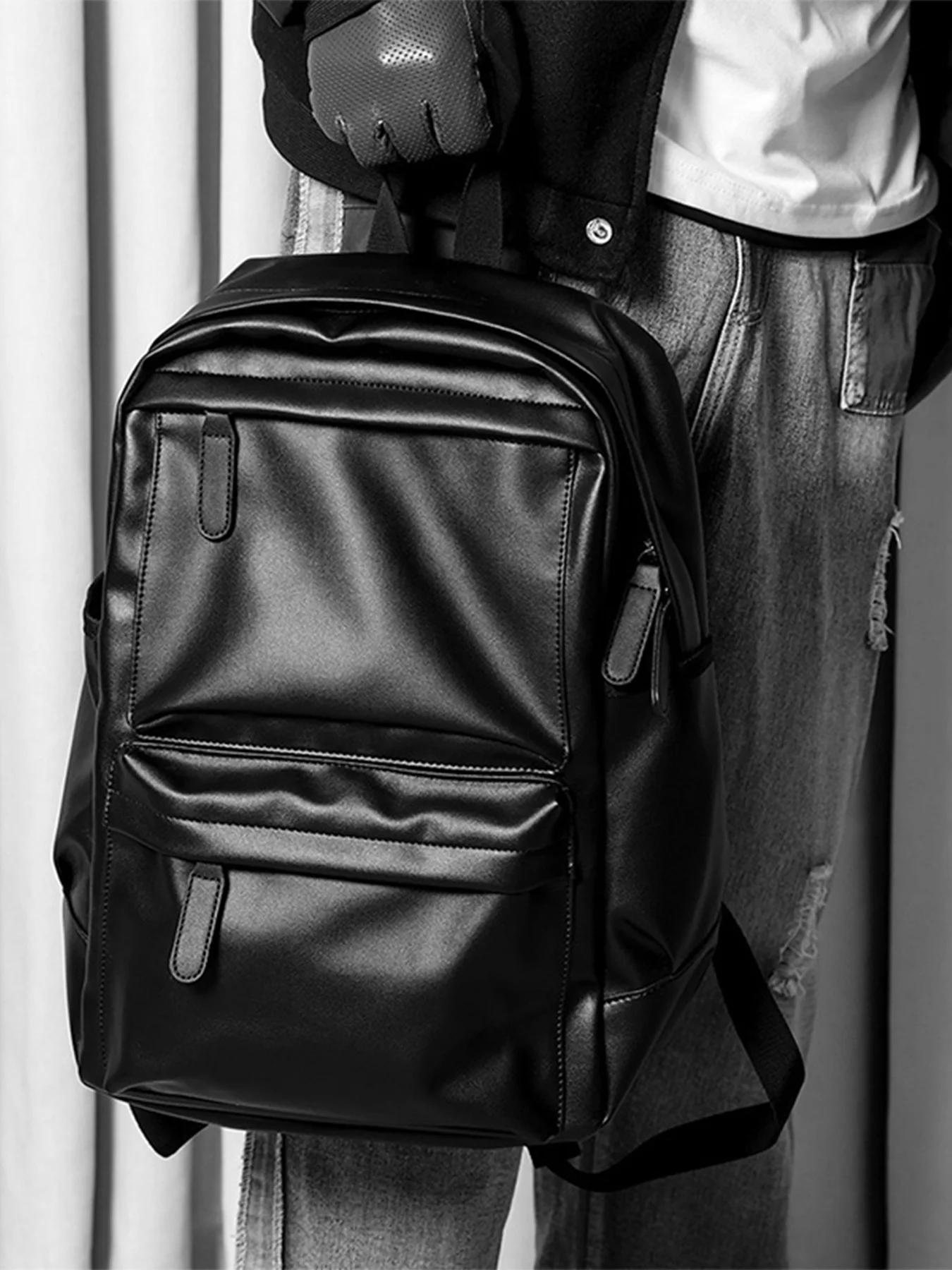 Men\'s Fashion Backpack PU Leather Waterproof Casual Travel Bag for 14-Inch Laptop