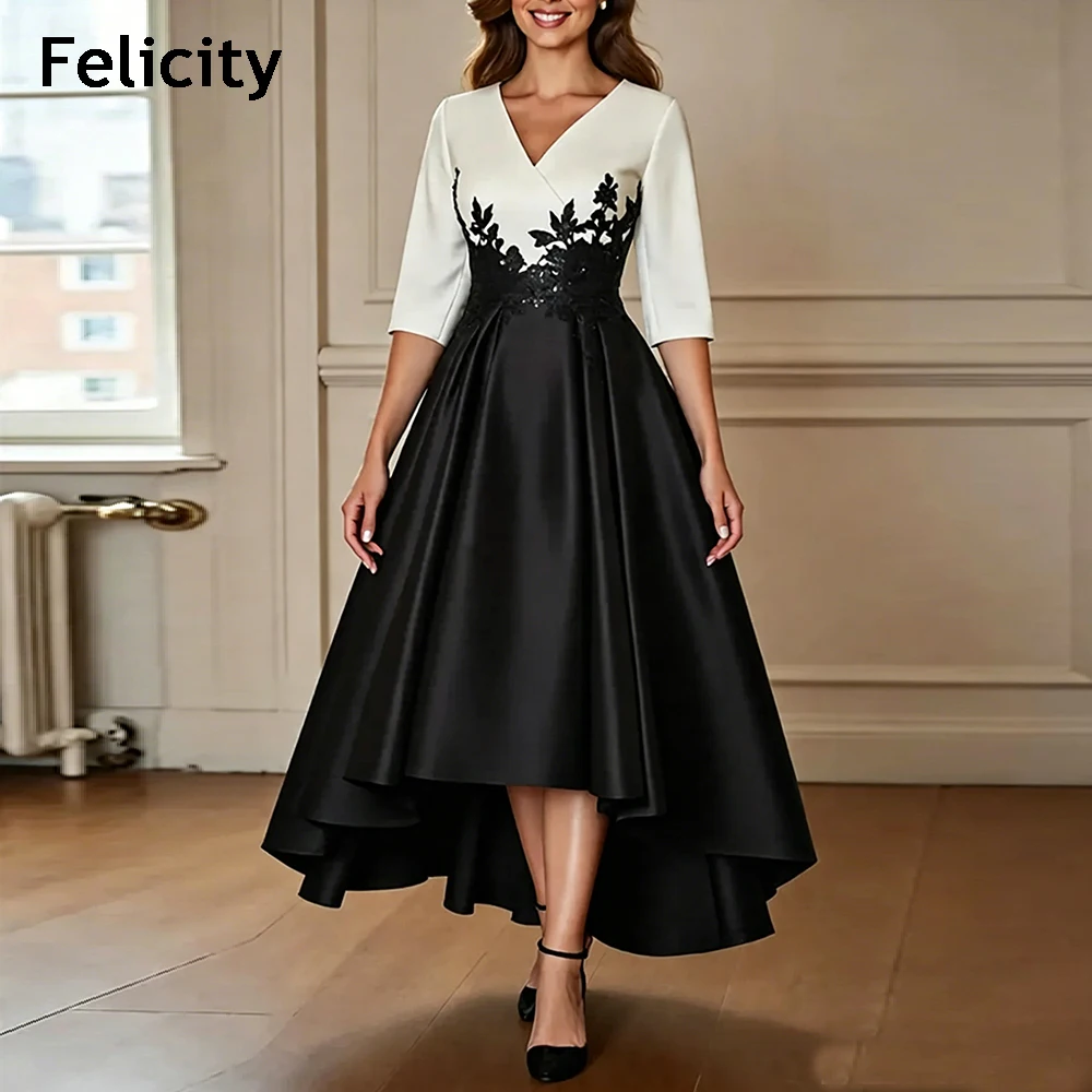 

Ivory Black Mother of the Bride Dress 2026 V-neck A-line Formal Wedding Guest Dress Applique Elegant Evening Party Gowns Custom