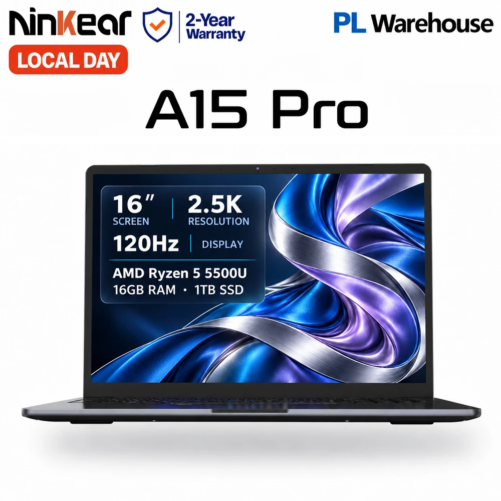 Ninkear A15 Pro Laptop 16GB RAM 1TB SSD 16 Cali Ekran IPS 2.5K 120Hz AMD Ryzen 5 5500U Windows 11 podświetlana klawiatura WiFi 6 czytnik linii papilarnych do pracy nauki multitaskingu
