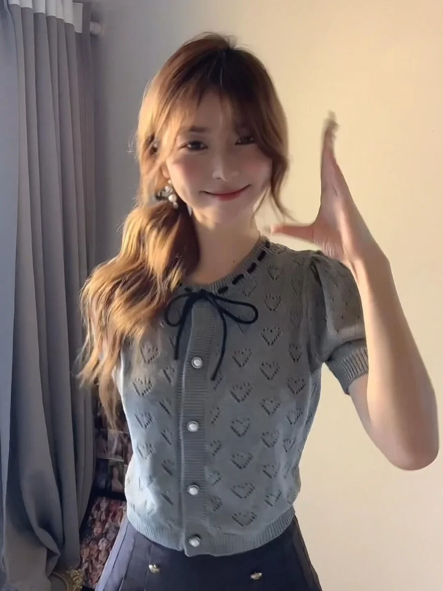 

Korean Sle Chic Hollow out ort Sve Knitted Cardigan Women's Summer Design Sensation Unique Beautiful Cardigan Top