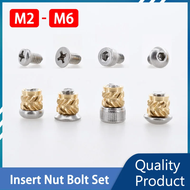 Copper Threaded Inert Nut Screw Set Stainless Steel Bolt Knurled Embedded Hot Melt Inserts Nut Insertion Notebook Nuts Kit M2-M6