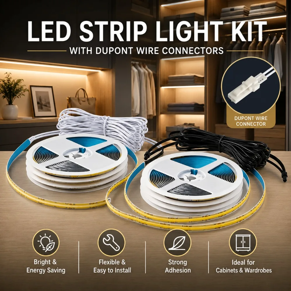DC12V/24V 320LED/m High Density COB LED Strip White/Black DuPont Wire Connector For Kitchen Wine Cabinet Showcase Decor Lighting