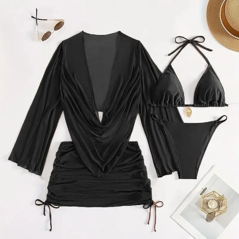 レディース 無地 ホルターネック ストリングビキニ 4点セット メッシュカバートップス スカート付き 水着 ビーチウェア ビキニ