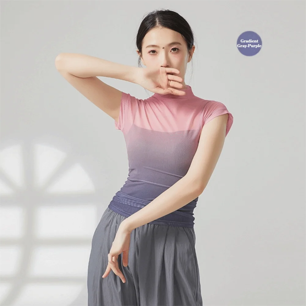 

Elegant Dance Top Non Sleeve Gradient Transparent Mesh Top Soft Middle Collar Modern Dance Costume Yoga Dancing Training