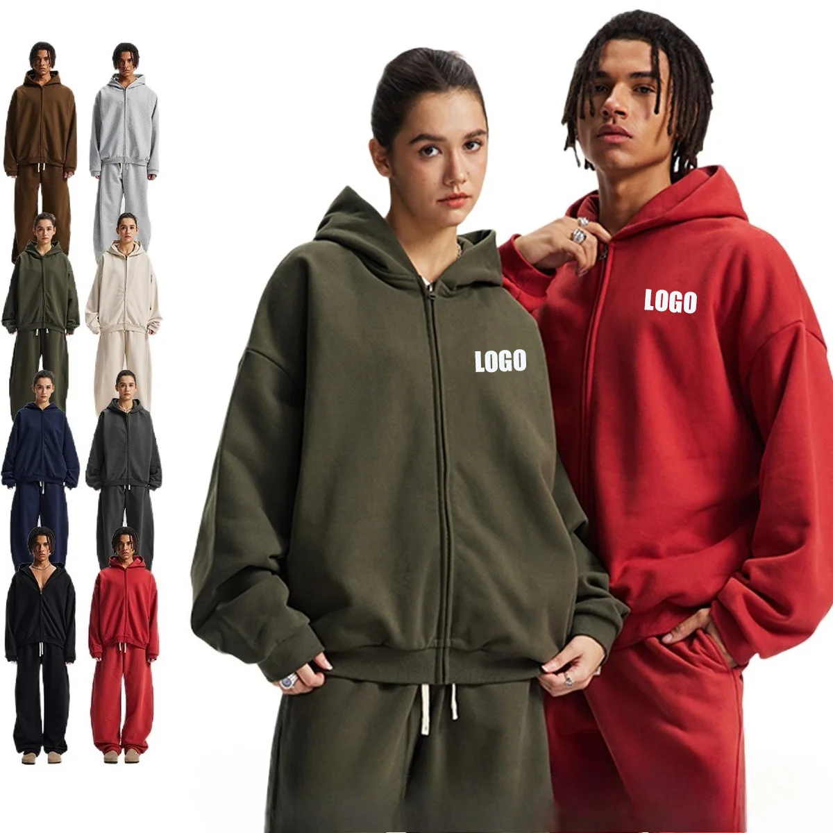Custom LOGO autumn winter men women couples 430G cotton polyester velvet YKK zip hooded cardigan scimitar sweatpants two-piece