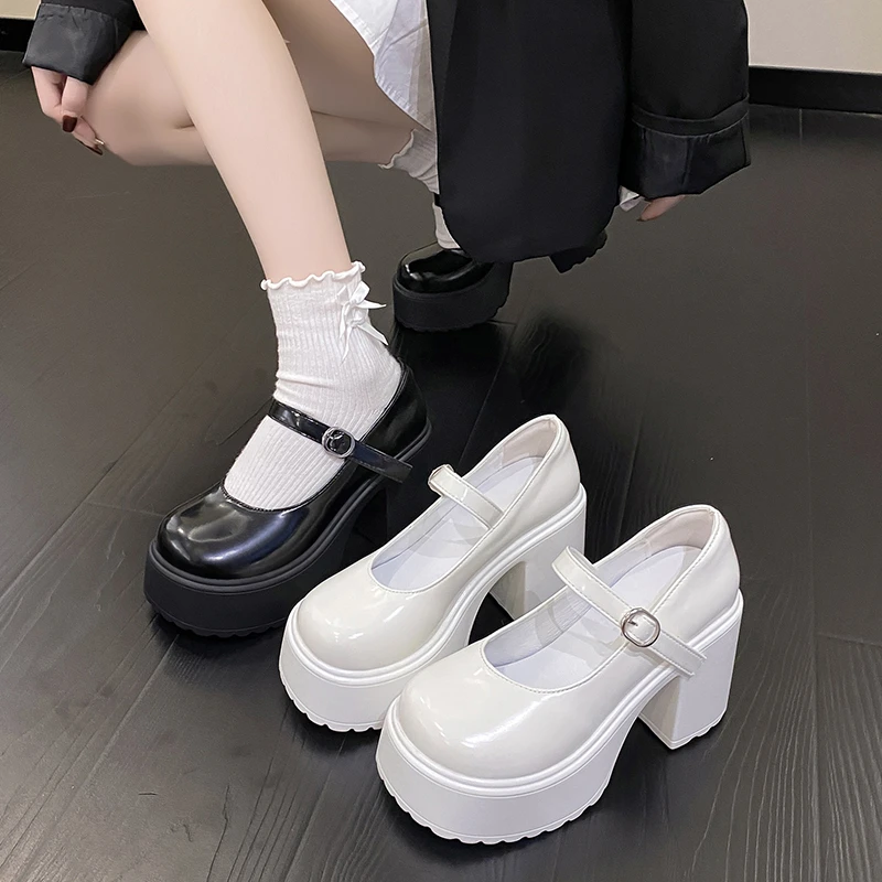 

New High Heel Shoes Women Mary Jane Shoes Leather Pumps Chunky Platform Casual White Single Shoe Retro Ankle Strap Women Shoes