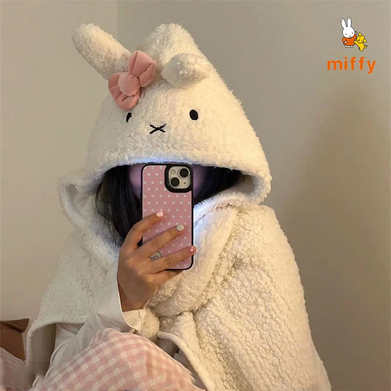 Uroczy płaszcz Miffy, kreskówkowy, ciepły, noszony jako koc z kapturem, idealny do akademika, chroniący przed zimnem, akcesoria anime, idealny prezent urodzinowy dla dziewczyny.