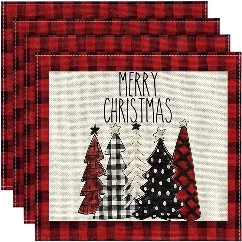 【ALLOWANCE】8PCS Xmas Trees Snow Pink Christmas Placemats Winter Table Mats For Kitchen Dining Decoration M