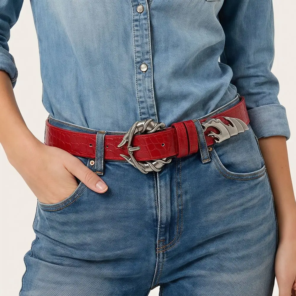 Fashion PU Leather Double Snake Belt Irregular Subculture Women Belt Metal Hip Hop Y2K Rivet Belt Unisex
