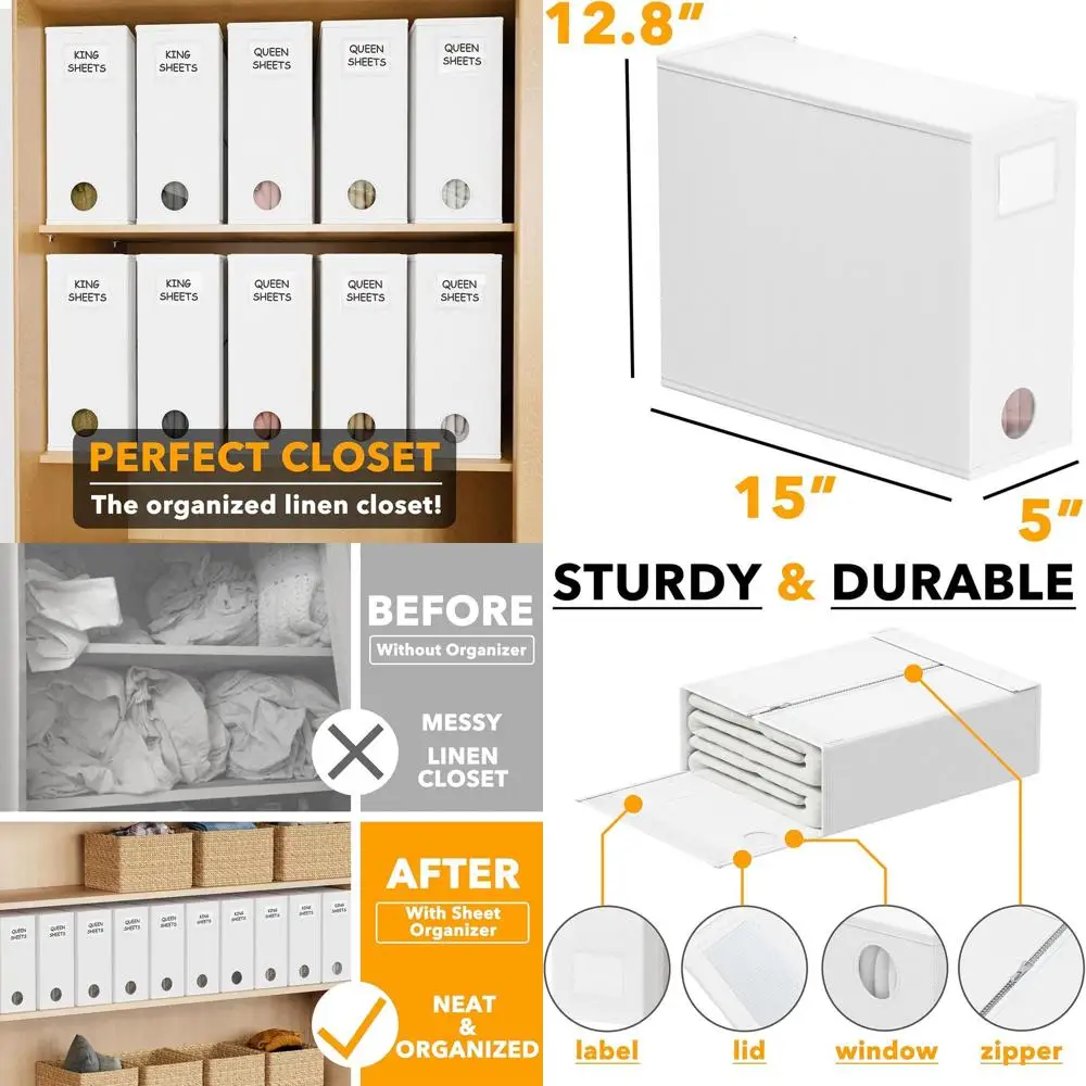 

XL Queen & King Size Bed Sheet Organizers, Collapsible Storage for Linen, White
