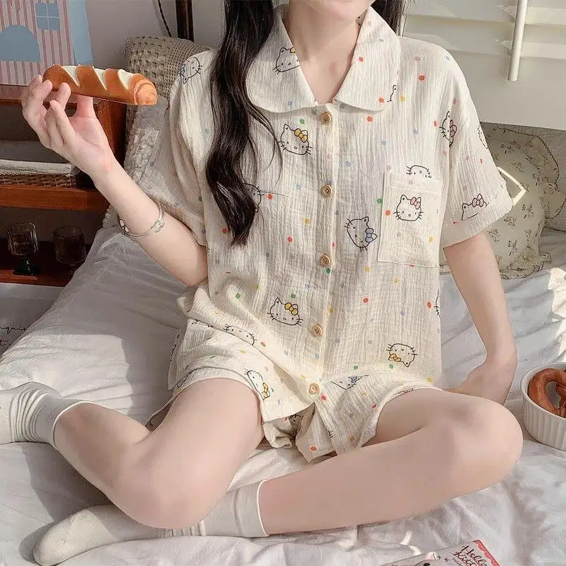 

Ночная одежда Sanrio Hello Kitty для женщин, летние пижамы, шорты с короткими рукавами, одежда для сна, ночная одежда с героями мультфильмов Kawaii, домашняя одежда