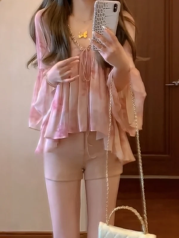 Ele V-ne Long Sve Women's irt Summer Beautiful Holiday Sle Pink irt Casual Breathable Comfortable Chinese Brand