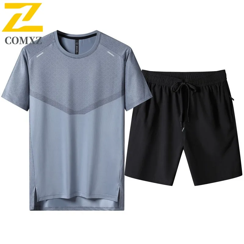 Summer Men's Sportswear suit Brand Fashion Badminton Training Ice Silk T-Shirt Shorts 2 Piece Set Male Casual Running Tracksuit