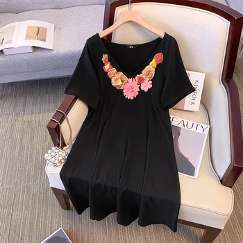 女性のカジュアルな夏のドレス,大きいサイズ,ゆったりとした,快適,綿,黒の花柄,空中ブランコ,Vネック,ミドル丈,大きい