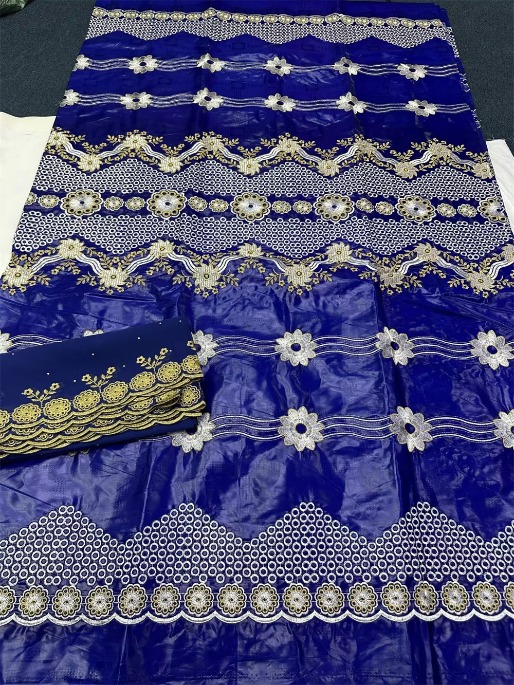 

Blue Bazin Riche Brode Fabric With Scarf 5+2 yards ,Bazin Brocade For Women Dress Cotton Bazin African Nigerian Fabrics