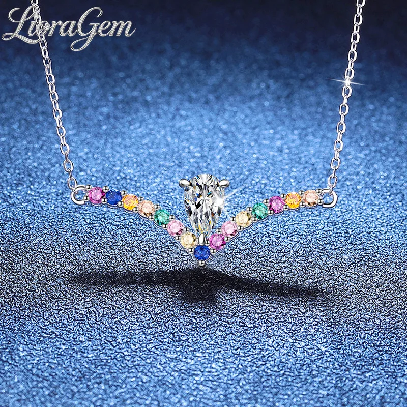 

LioraGem Platinum PT950 Diamond-studded Rainbow V-shaped Teardrop Pendant Necklace, Fashion 1-carat Moissanite Collarbone Chain