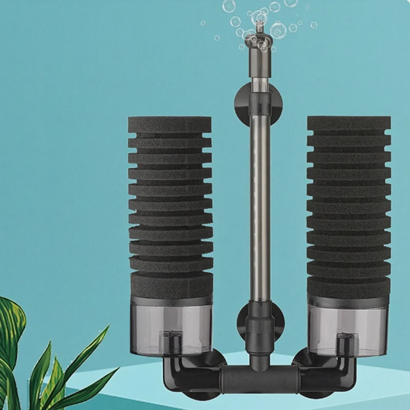 Aquarium-Doppelkopffilter, Sauerstoffzufuhr für Fischbecken, Zirkulation, leiser Filter, Wasserreinigung, Schwammfilter, Toilette – Detail 4