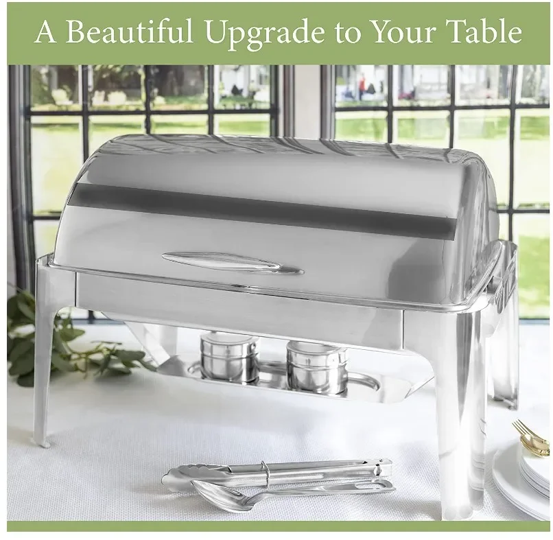 Deluxe Chafer Dish -8-quart capacity Full-Size S/S rectangular Includes Food Pan, Water Pan and Fuel Holders shiny silver