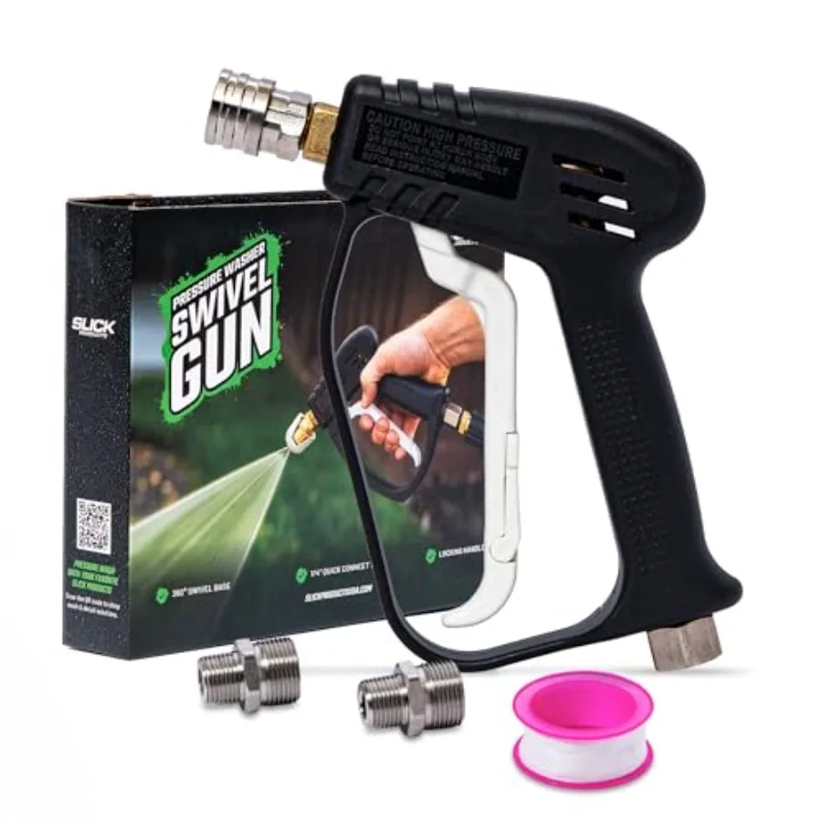 

Car wash foam gun: short pressure washer gun with swivel, brass body, black finish, ergonomic grip and 3/8 male plug + 1/4 quic