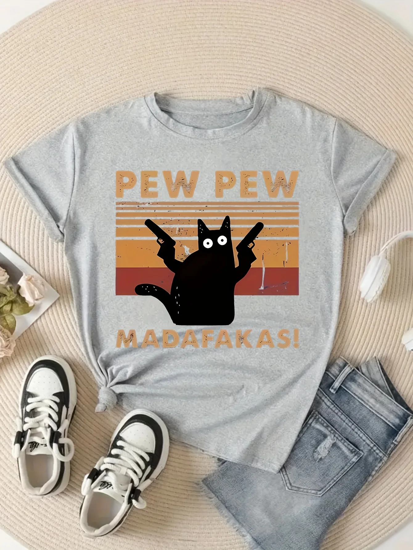 Fun Black Cat Parody Personality Animal Pattern Round Neck Short Sleeved Casual Style Fun Cute Top Daily Short Sleeved