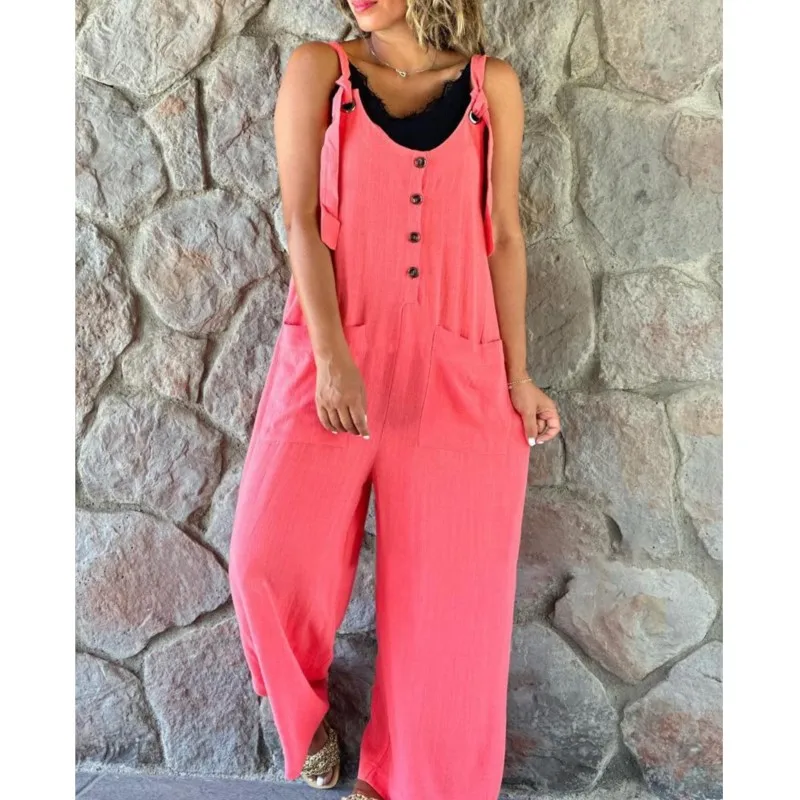 Elegant Solid Color Sleeveless Jumpsuit For Women Wide Leg Overalls Loose Commuting Style Sleeveless Trousers Woman Clothing New