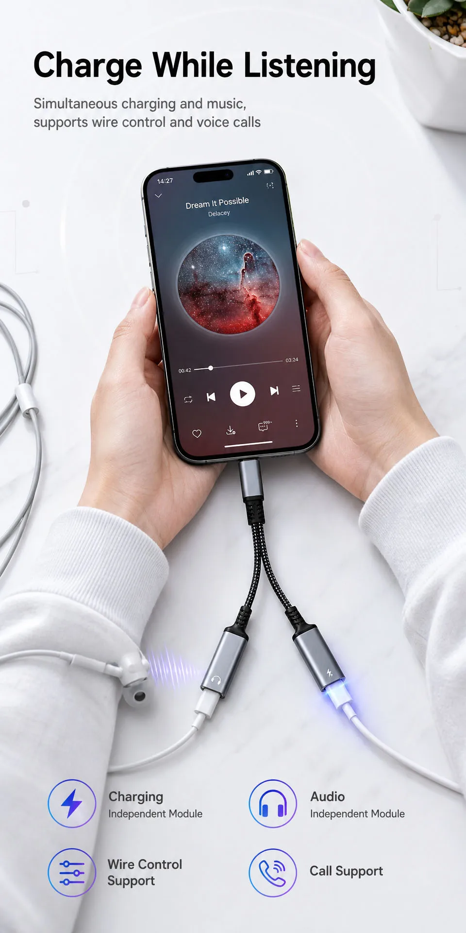 2 in 1 USB C Headphone And Charger Adapter Type C Dual Port Aux Audio Cable Fast Charging For iPhone 17 Samsung Phone Splitter
