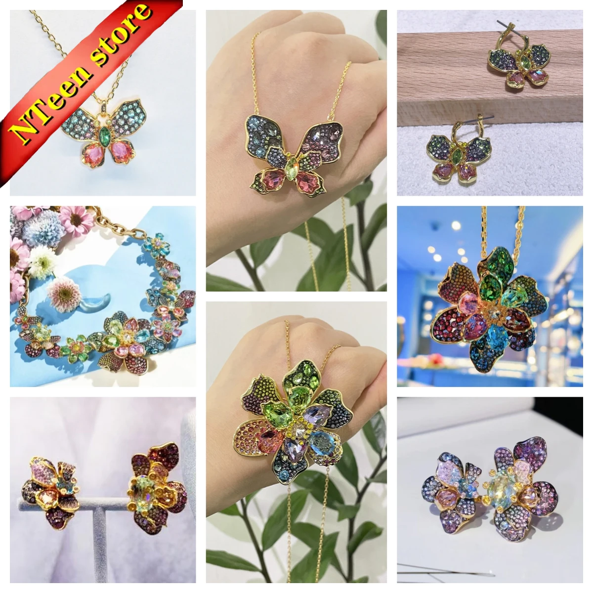 

2025 New Trend Fine Party Jewelry Sets Charm Colorful Butterfly Flower Pendant Crystal Brooch Fashion Women's Necklaces Earrings
