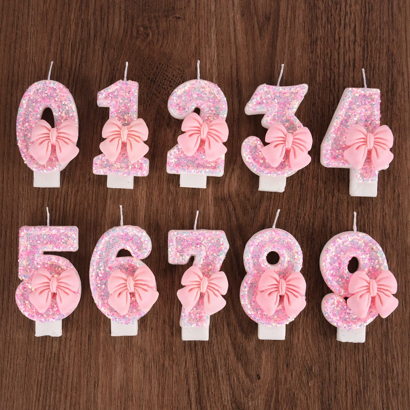 3D Number Cake Decorating Candles Cute Pink Bow Baby Girl Birthday Cake Topper Decoration Party Supplies 0-9 Digital Candle