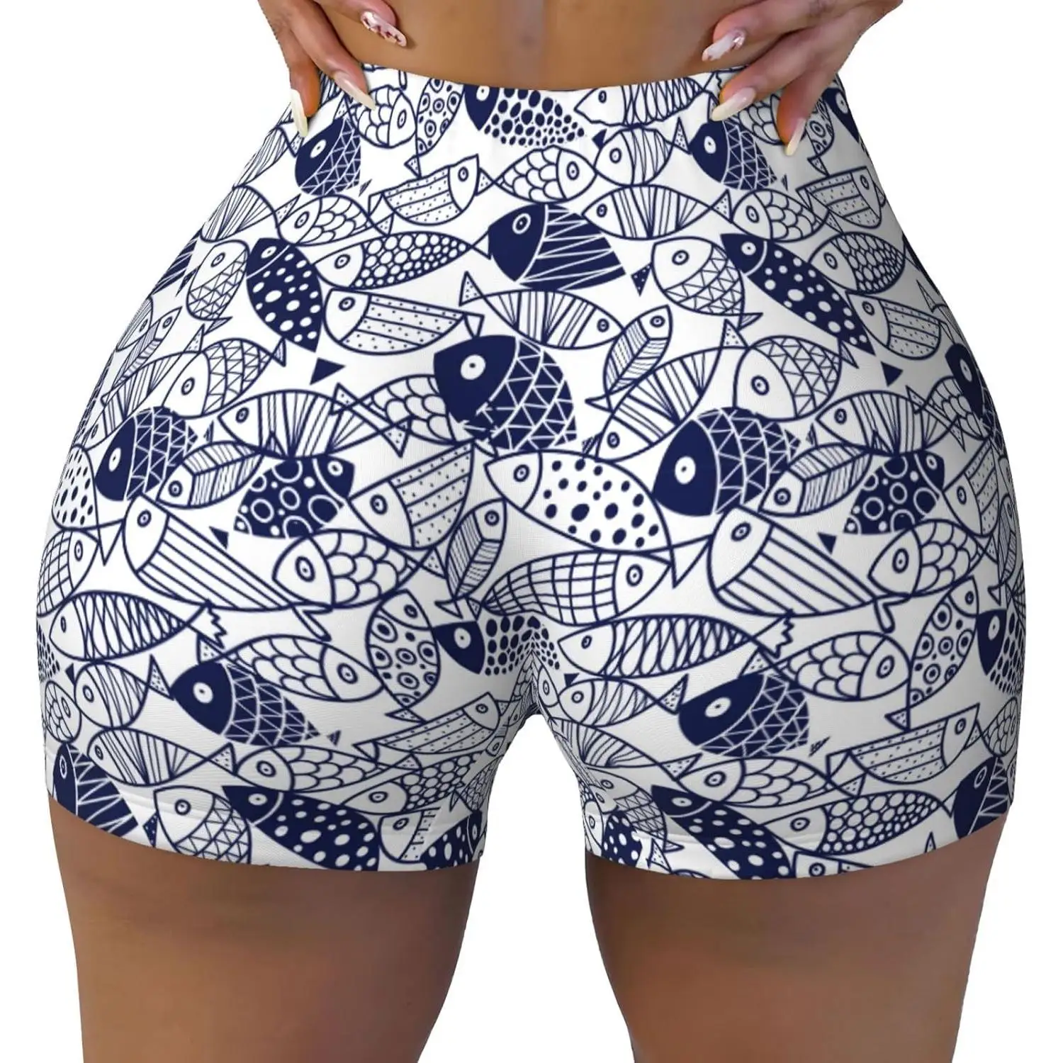 Blue Fish1 طباعة السراويل للنساء البطن التحكم عالية ممارسة تجريب بعقب رفع الجوارب النسائية السراويل القصيرة #1