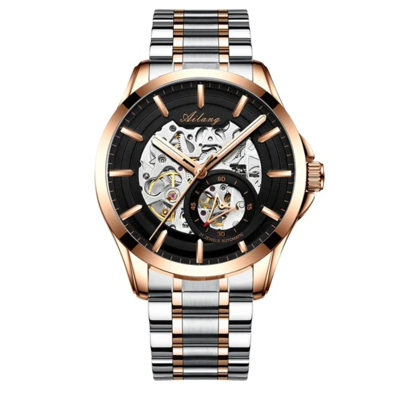 AILANG AL-8629B Luxury Men Automatic Mechanical Watch, Business Style Skeleton Dial, Stainless Steel Case, Transparent Hollow