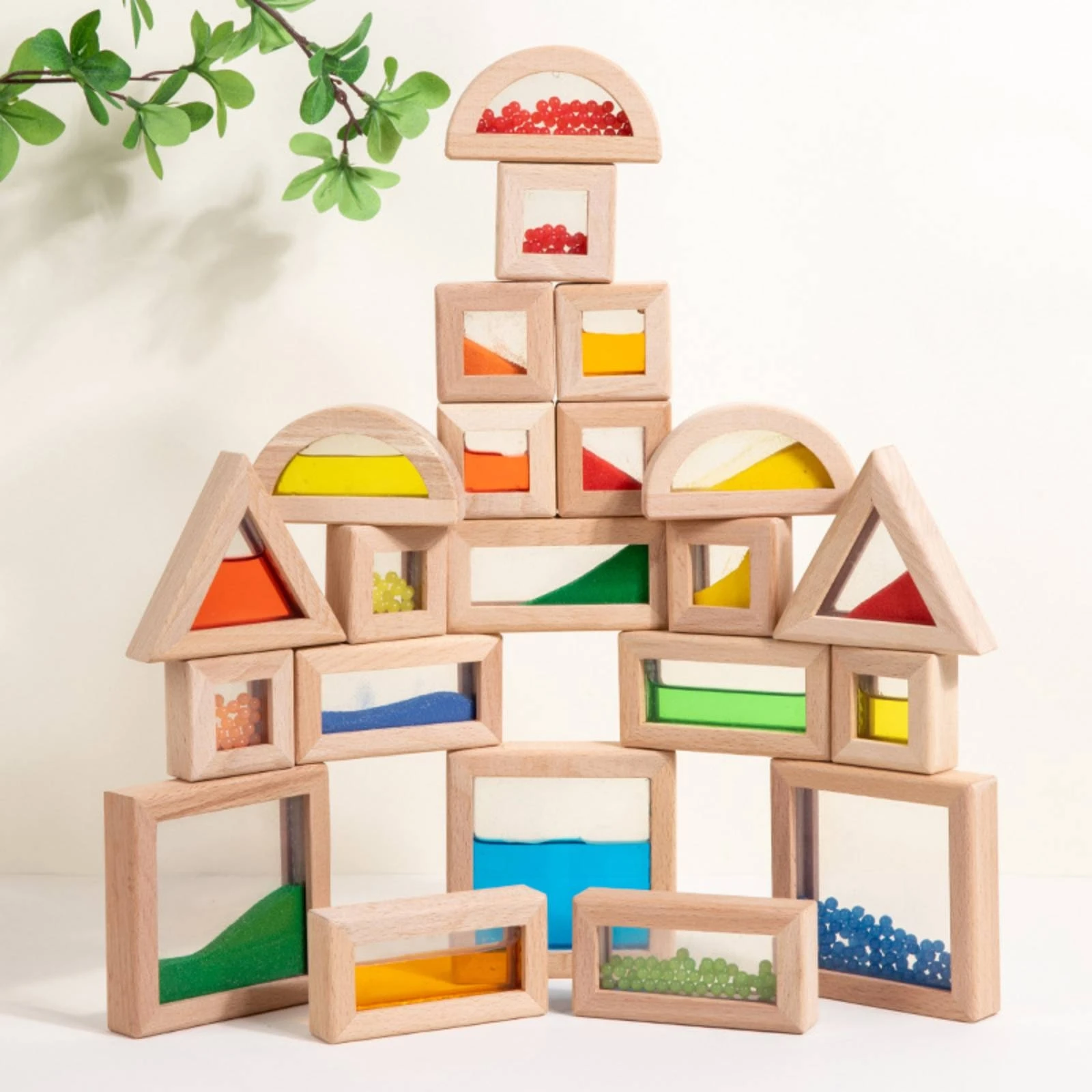 22 Pieces Wooden Sensory Blocks Beads Geometric Stacking Blocks Geometric Block Set Stackable Building Toy Open-Ended Play