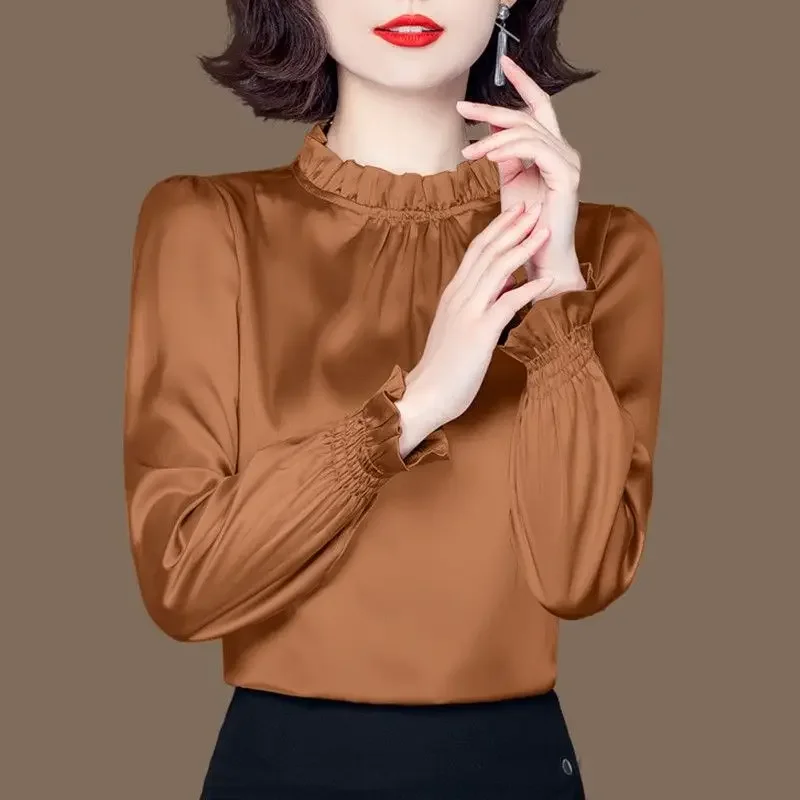 

Spring Autumn Solid Color Fashion Blouse Women High Street Round Neck Long Sleeve Pullovers Elegant Edible Tree Fungus Tops B271