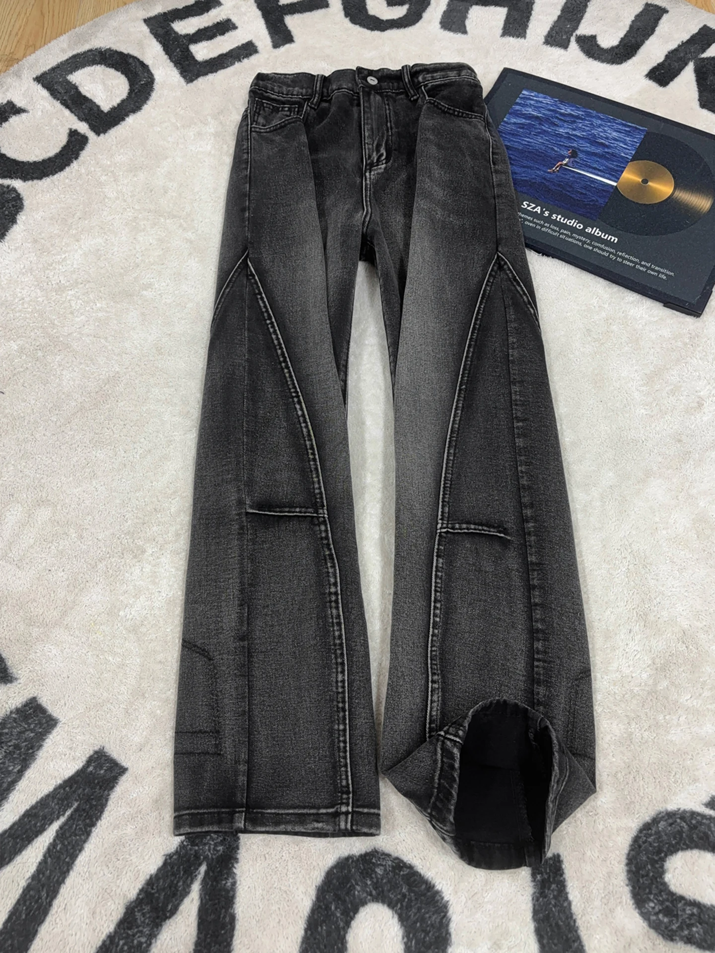 American Sle Vintage Torn Knife Jeans Men's Design Sense Splicing CleanFit Loose Straight Workwear Trousers High Waist Cott...