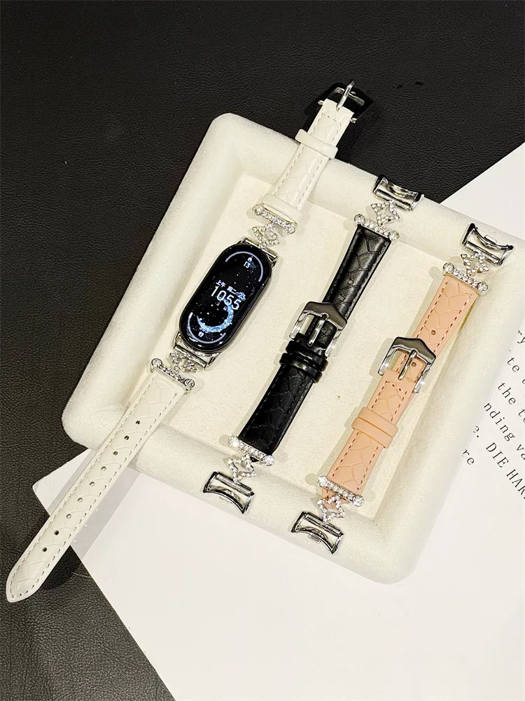 

Тонкий кожаный ремешок для Xiaomi Mi Band 8 910, ремешок для умных часов Correa Mi Band 8 9Pro, кожаный браслет с бриллиантами, браслет