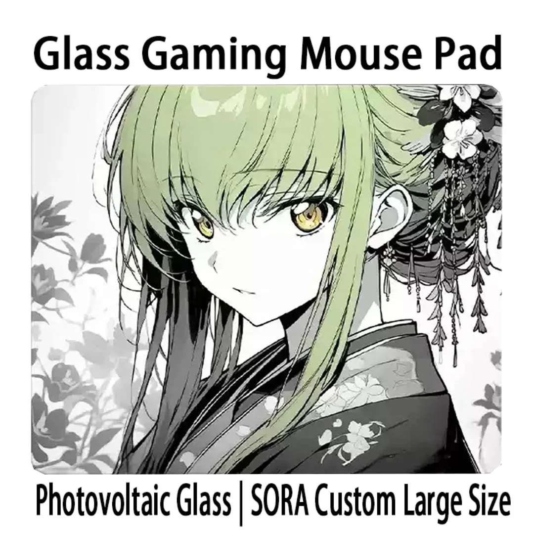 Green Hair Anime Girl Glass Gaming Mouse Pad Japan Y2k Girls Large Size Tempered Glass Desktop Mats PC E-sports Gaming Mousepad