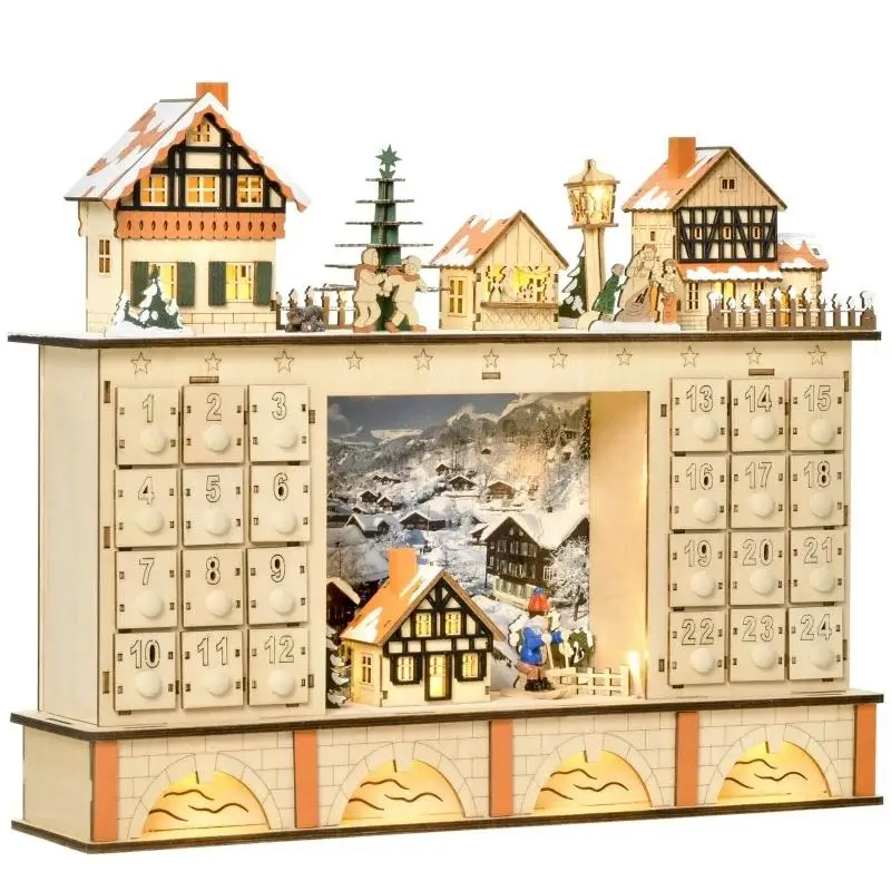 تقويم القدوم الخشبي لعيد الميلاد مع أدراج العد التنازلي، وديكور قرية العطلات