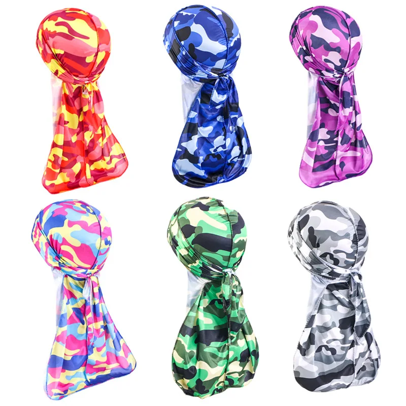 Unisex Long Tail Imitated Silky Scarf Muslim Doo Rag Pirate Hat Durag Camouflage Chemo Caps Skull Hat Turban Hair Band Bandanas