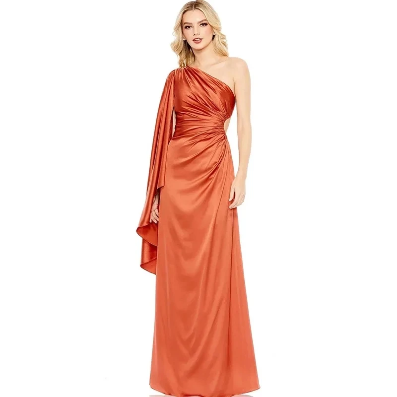 

2025 New Orange Red One Shoulder Ribbon Exposed Waist Long Evening Gown Banquet Elegant Women Dress​
