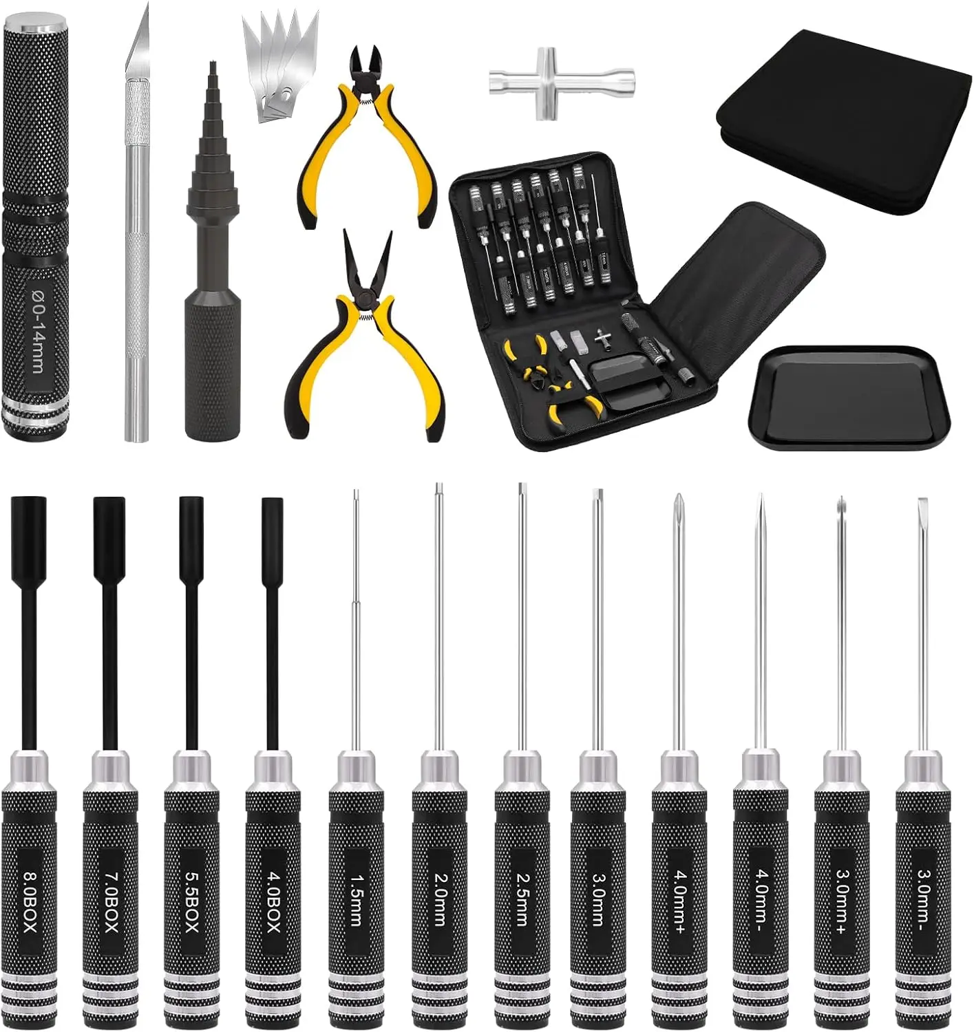 

19Pcs RC Car Tool Kit with Hex Screwdrivers, Nut Drivers, Phillips, Plier Wrench for Traxxas Axial Arrma DJI Drone Boat Repair