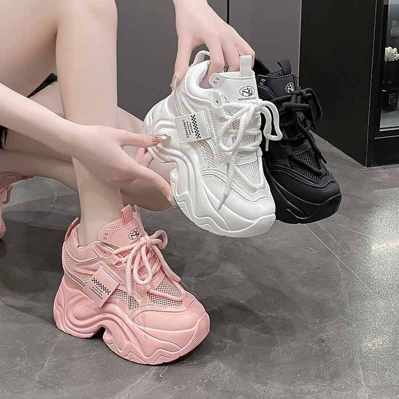 Women High Platform Sneakers New Summer 9.5CM Wedge Heels Thick Sole Leather Shoes Autumn Breathable Mesh Chunky Sneakers Woman