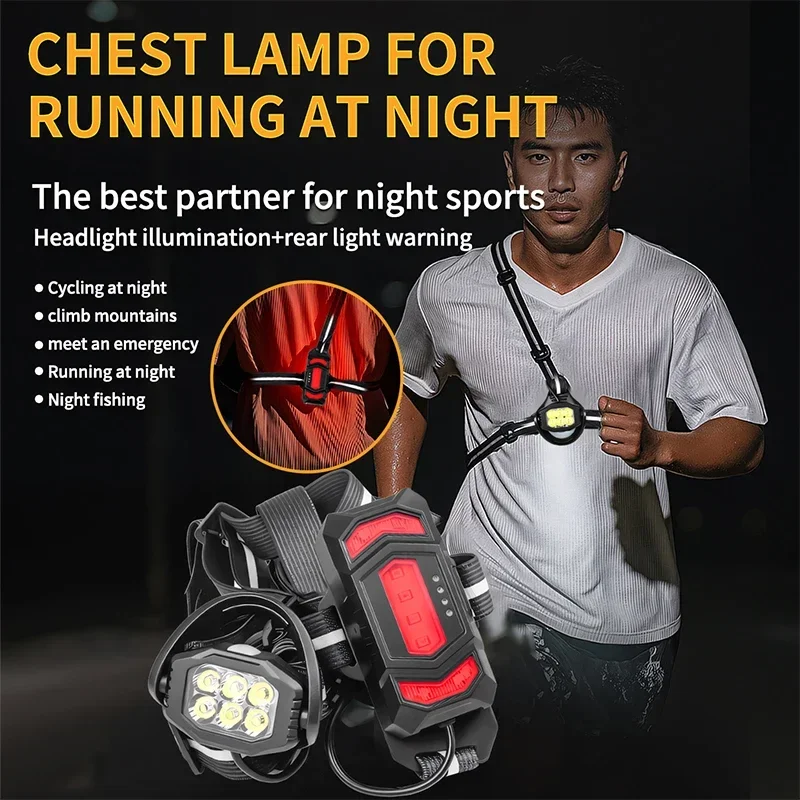 LED Chest Front Multi-Lamp Red Warning USB Rechargeable Night Running Light Triangle Reflective Strap Back Light Backpack Light