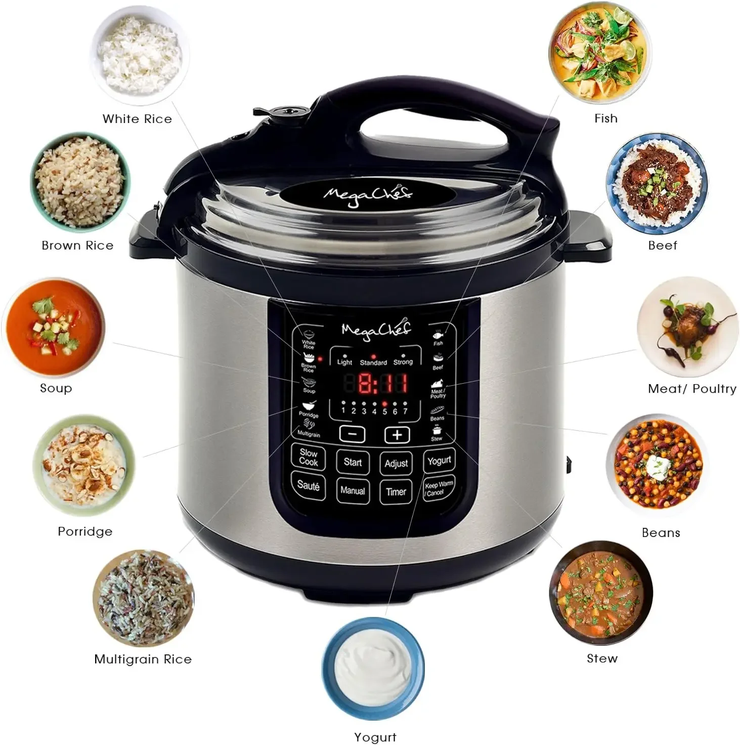 NEW MCPR120A 8 Quart Digital Pressure Cooker with 13 Pre-set Multi Function Features, Stainless Steel