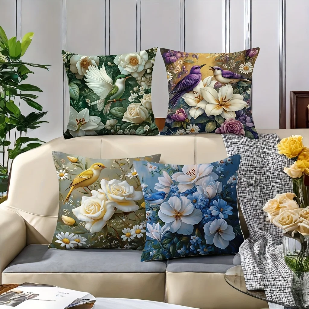 

Lively bird flower pattern double-sided Printed pillow cover Short plush Suitable living room bedrooms sofas throw cushion cover