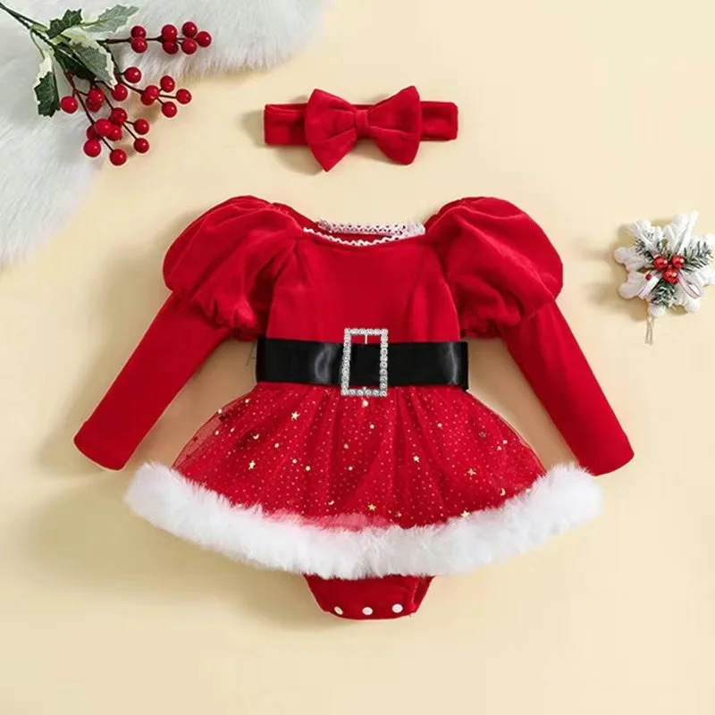 Santa Girl Kostüm Weihnachten Outfit Newbron Weihnachts kleid Stram pler rot Santa Claus Prinzessin Party Cosplay Kleider Kopf bedeckung