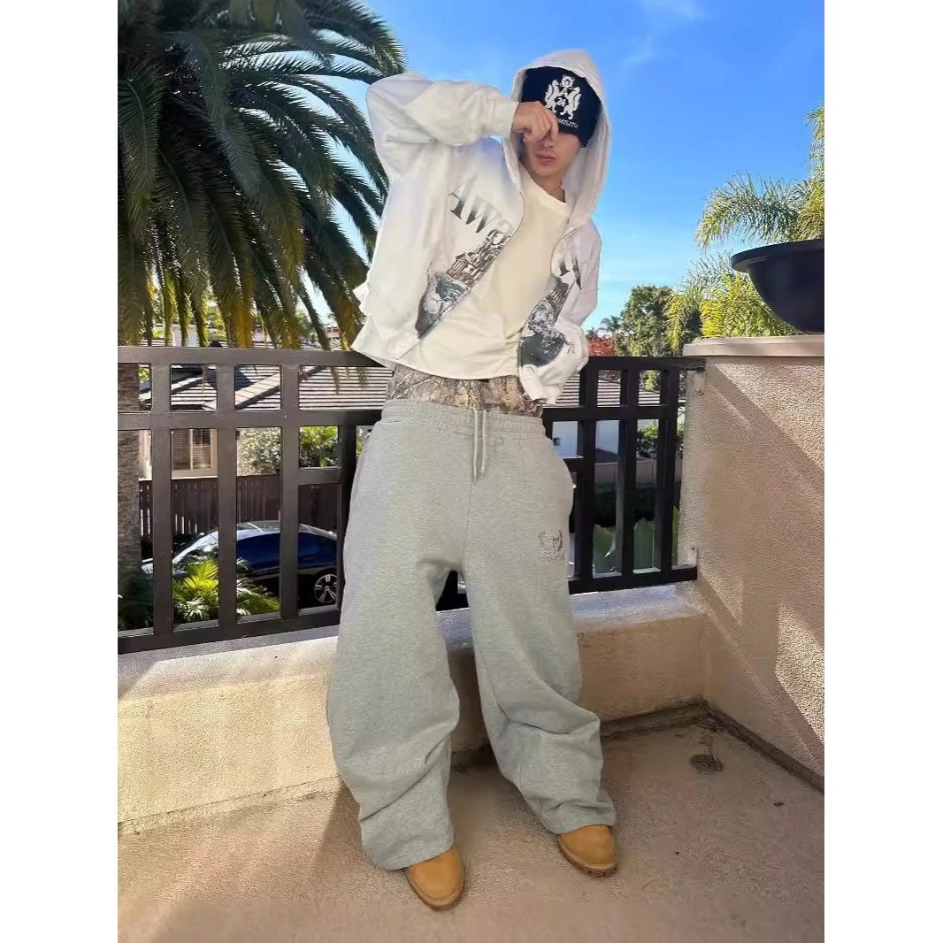 Casual Straight Leg Pants Men's Sport Leisure Long Trousers Double Waist Belted Street Fashion Embroidery Cross Border