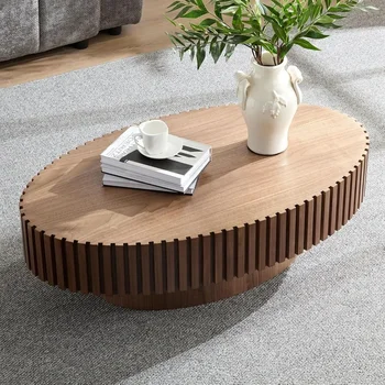 Image 43.7" Oval Coffee Table,Modern Handcraft Oval Drum Coffee Table with Solid Wood Relief Sturdy Pedestal for Living Room Apartment