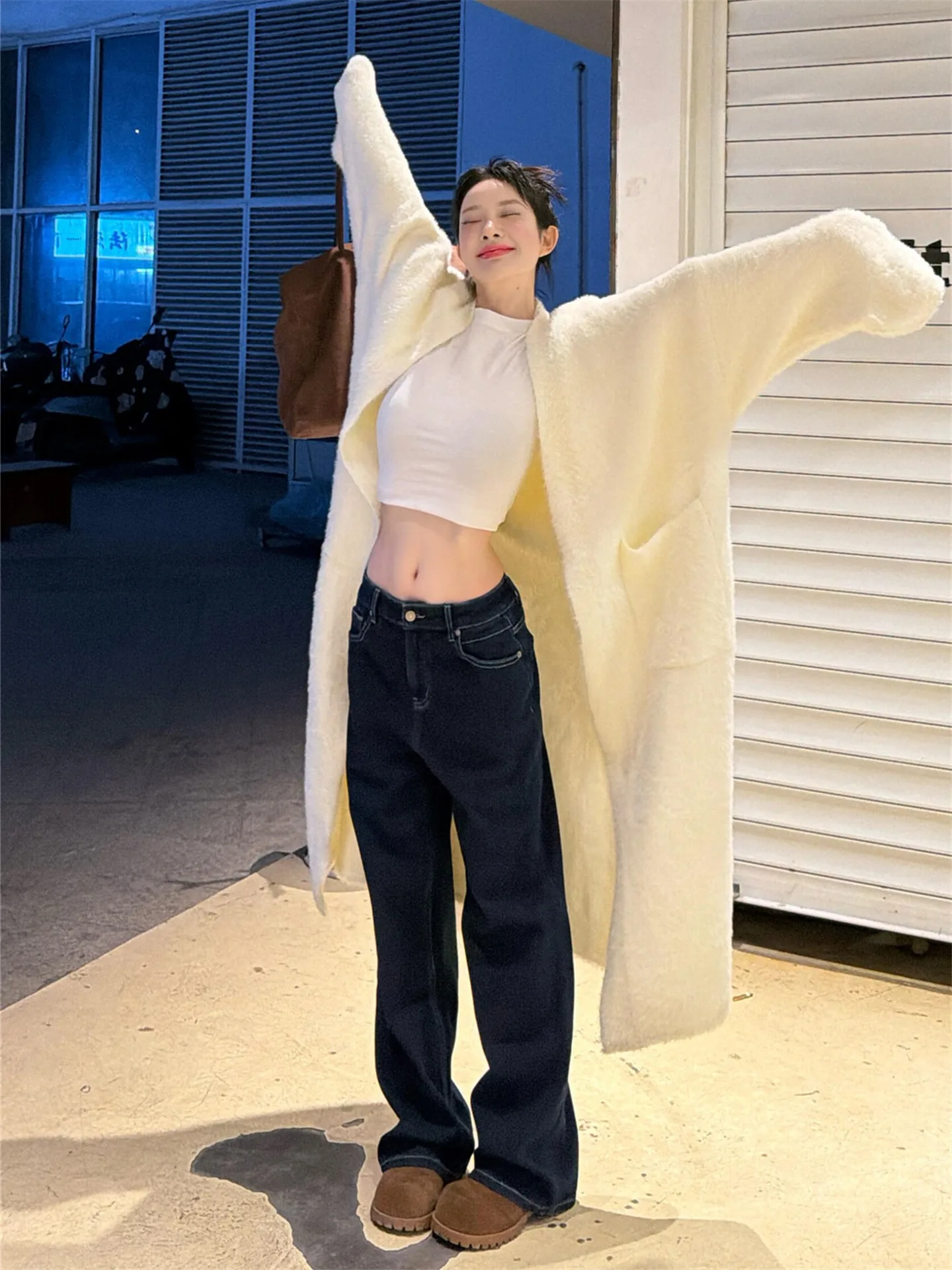 

Extended Length Loose Fit Low Waist Bell Bottom Blue Jeans Women's Autumn Winter Casual Cotton Pants Floor Length Vibe Style