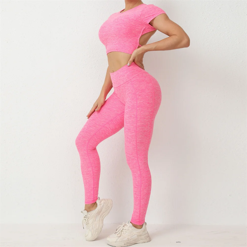 2024 1/2PCS Pad Short Sleeve Crop Tops Shirt Yoga Set Workout Gym Fitness Scrunch High Waist Squat Proof Leggings Sports Suits